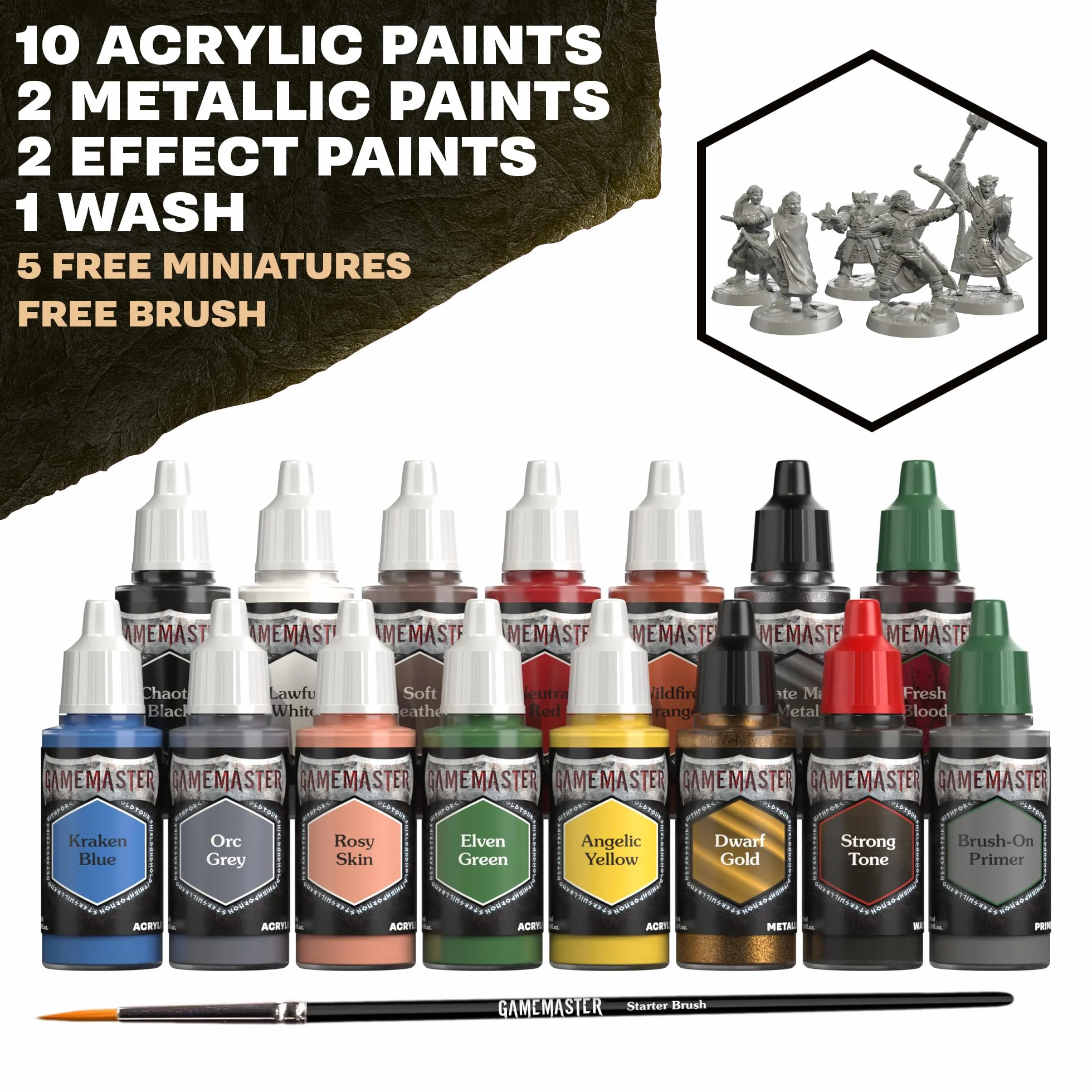 The Army Painter, GameMaster Adventure Starter Paint Set, 15 x 18 ml Pinturas Acrilicas incl. 1 Imprimación, 5 Miniatures y 1 Pincel - Pintura Miniatura para D&D & Warhammer Figuras