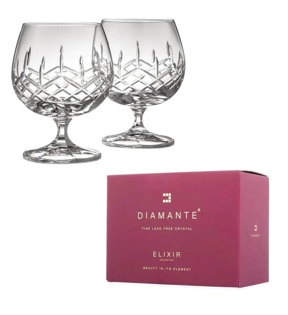 DIAMANTE Par de vasos de brandy o coñac, colección Buckingham, 2 vasos de cristal cortados a mano