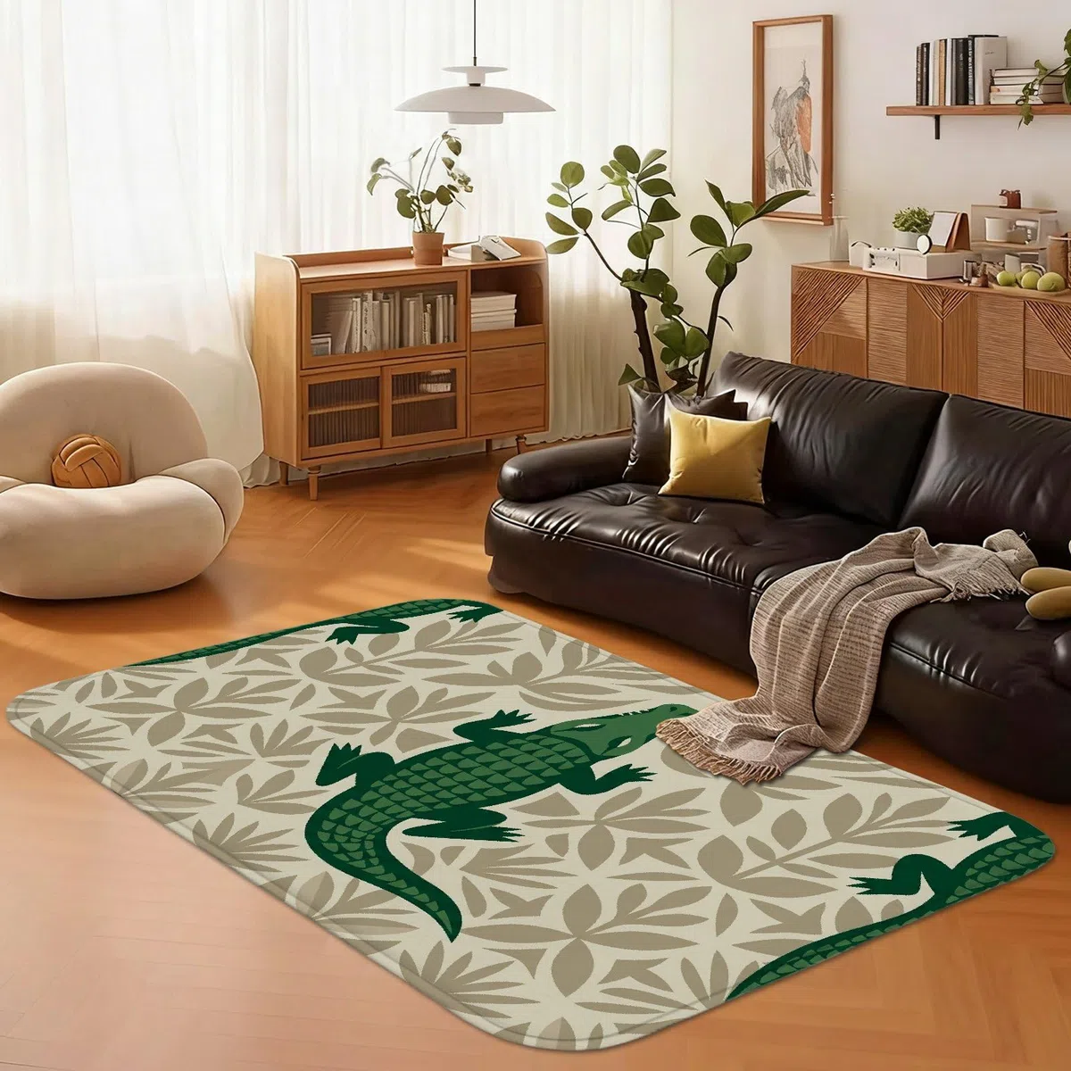 Alfombra de área de cocodrilo, diseño tropical de hojas naturales, sin esponja de pelo bajo, suave, rectangular, resistente a las manchas, para sala de estar, dormitorio, aula, decoración de