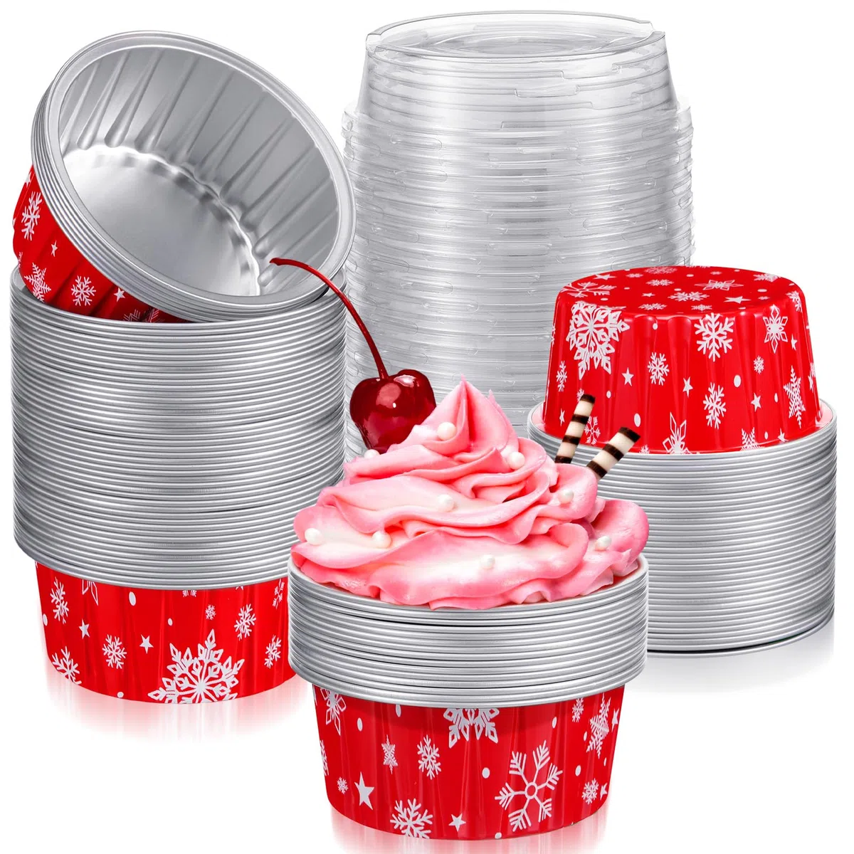 Umigy 100 tazas de papel de aluminio para hornear con tapas de 4.3 onzas para magdalenas, magdalenas, magdalenas, moldes desechables para magdalenas, moldes para hornear magdalenas, recipientes de