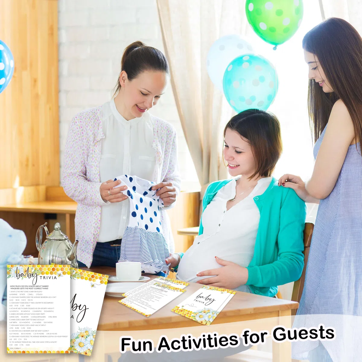 Juegos de abejas para baby shower, juego de trivia para bebés, decoraciones de baby shower de margaritas de verano, suministros de fiesta de género neutro y regalo, 5 x 7 pulgadas y juego de 25