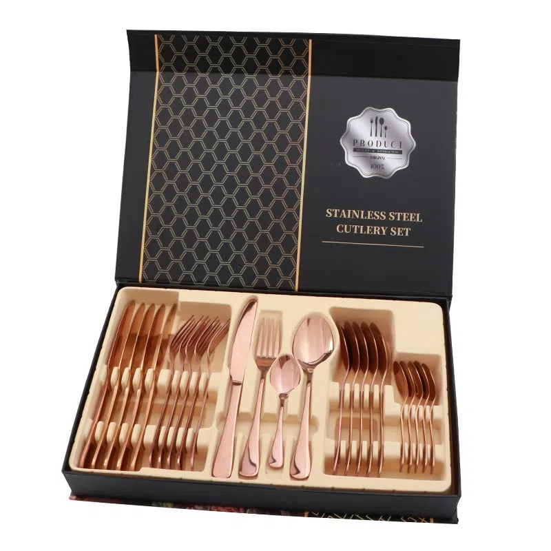 Juego de cubiertos de 24 piezas, juego de cubiertos de acero inoxidable brillante, 24 piezas, cuchillo para carne, tenedor, cuchara, apto para lavavajillas para el hogar o el (Oro rosa)