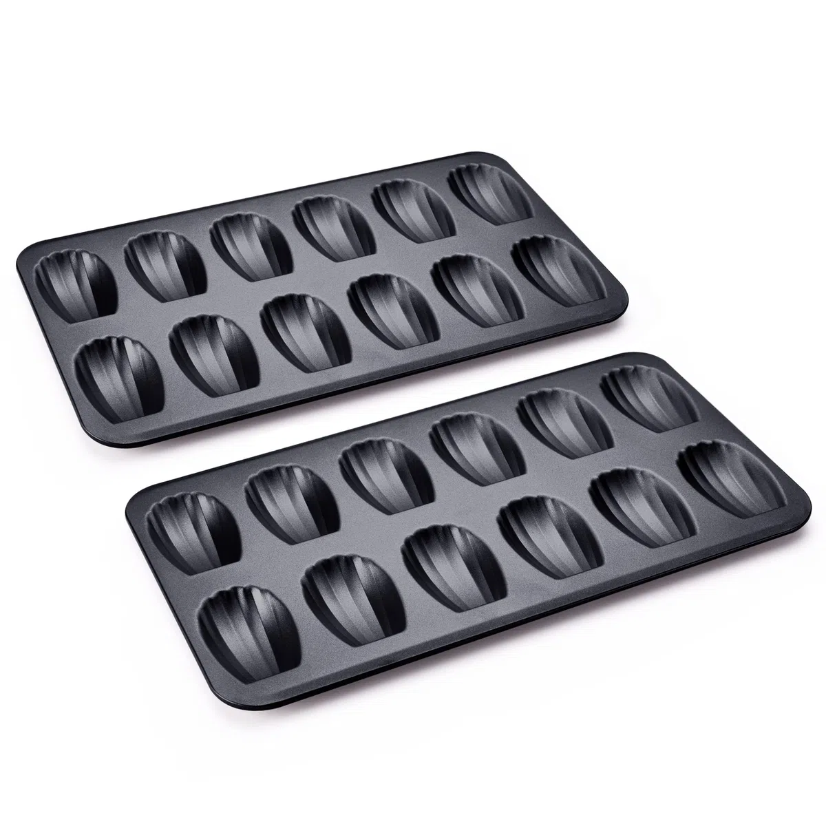Madeleine - Juego de 2 bandejas antiadherentes de 12 cavidades para hornear al horno, resistente a la deformación, con forma de concha de Madeleine, color gris espacial