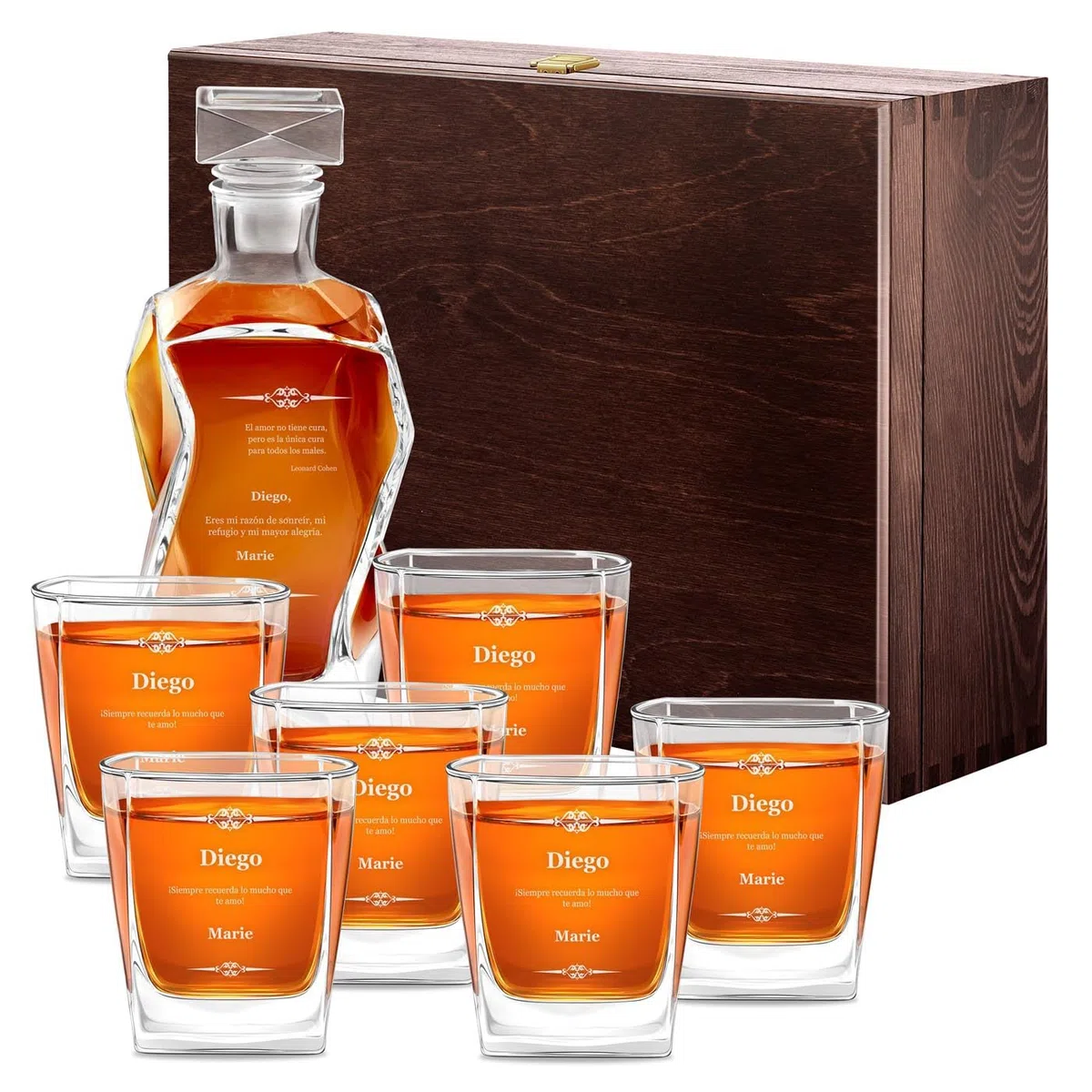 Maverton Decantador de Whisky 700 ml con 6 Vasos Personalizados 250 ml - Jarra de Cristal con Tapa - Regalos Originales para Hombre Regalo Dia del Padre Cumpleaños Amigo Marido Abuelo - Amor