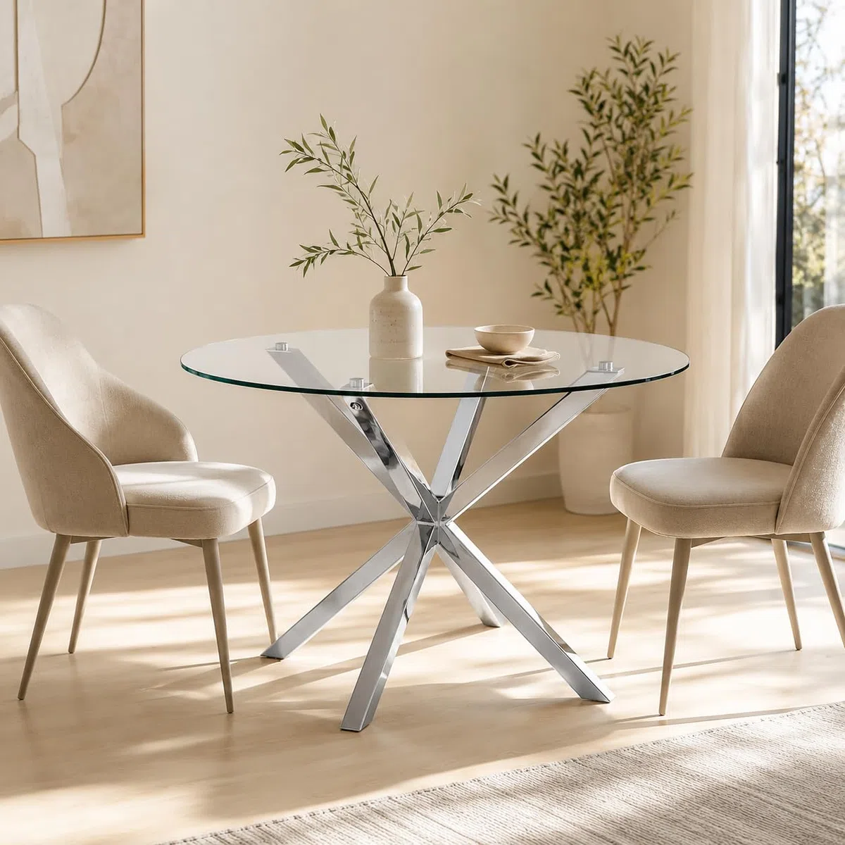 Mesa de Comedor Redonda 120 cm – Mesa de Cocina de Cristal Templado para 4-6 Personas – Mesa Redonda Moderna con Patas de Acero, Montaje Fácil, Carga 70 kg, Gris