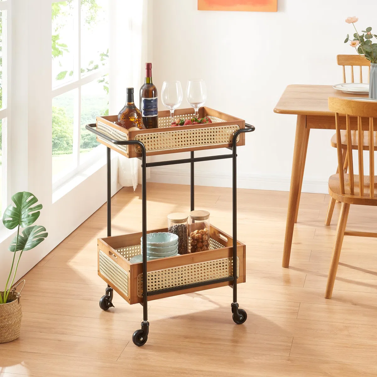 [en.casa] Carro de Servicio Tervola con 2 Cestas Carrito de Cocina Estantería de Baño con 4 Ruedas Multiusos Versátil Resistente Metal/Bambú 81x61x39cm - Negro/Efecto Ratán