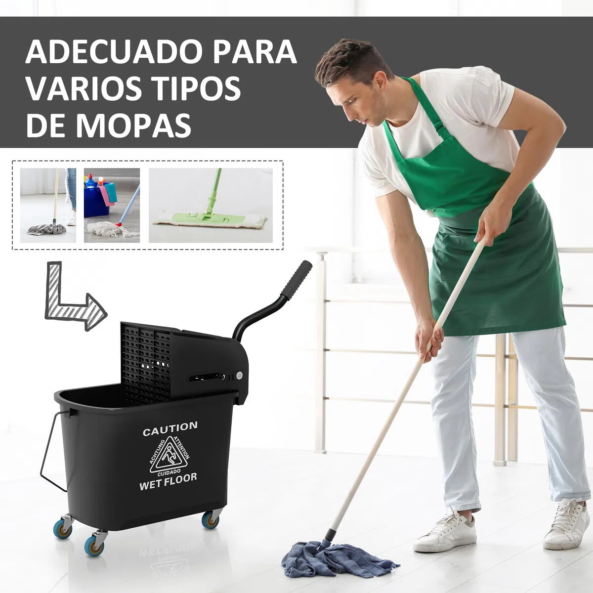 HOMCOM Cubo de Fregona con Ruedas Capacidad de 20 L Cubo de Fregar con Sistema de Escurridor Ruedas y Asa de Transporte para Doméstico y Comercial Negro