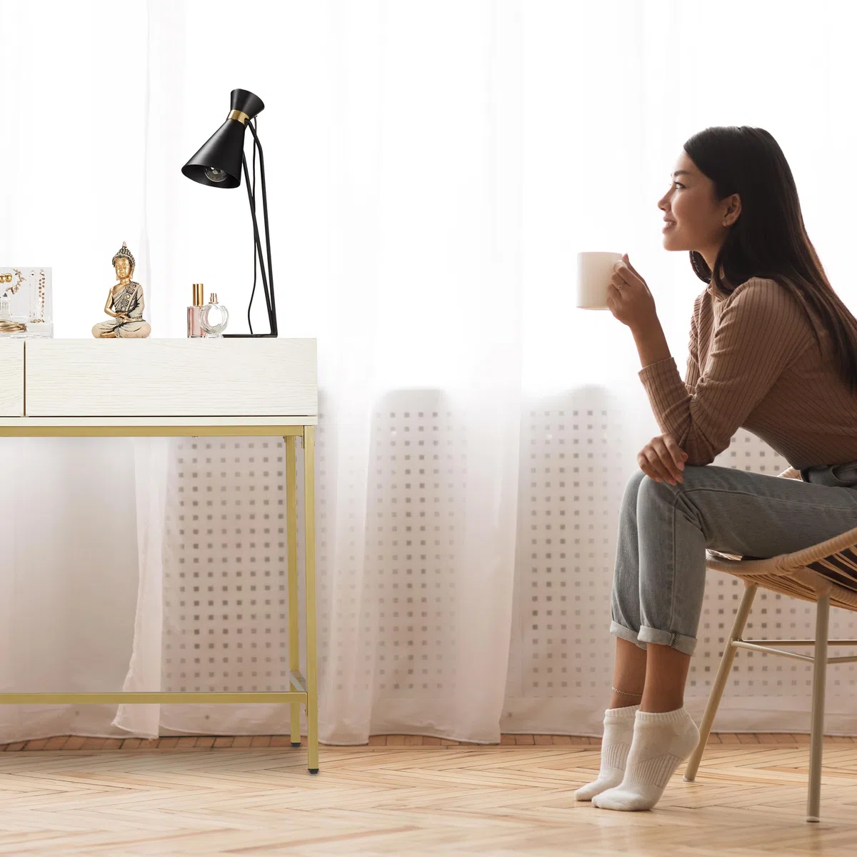 Relaxdays Consola Recibidor, 2 Cajones, Sideboard, Mesita Pasillo, Salón, Madera y Metal, 80x110x40 cm, Blanco y Dorado