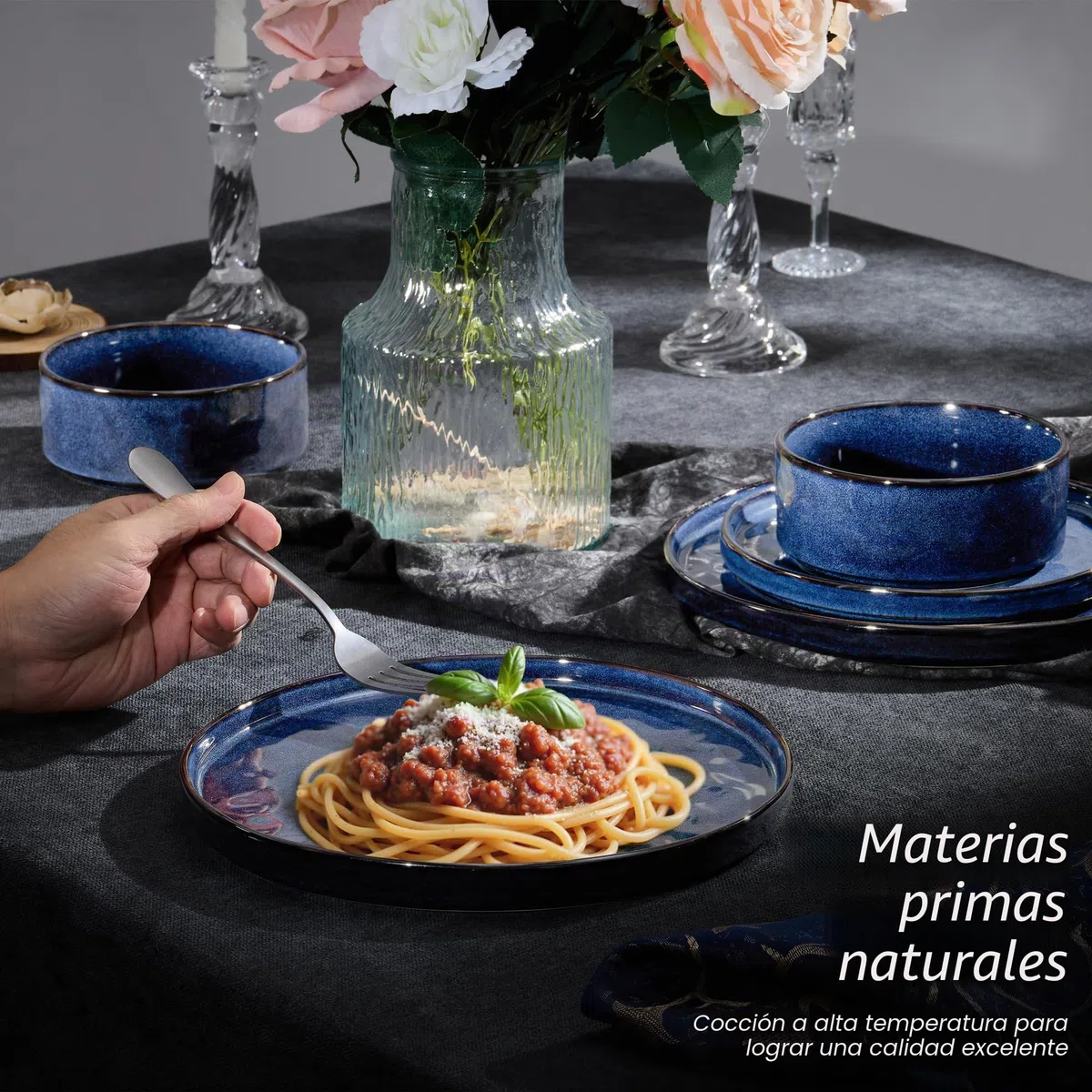 Juego de vajilla Homikit, juego de vajilla de 12 piezas para 4 personas, servicio de mesa combinado con platos llanos, platos de postre y cuencos para cereales, azul noble