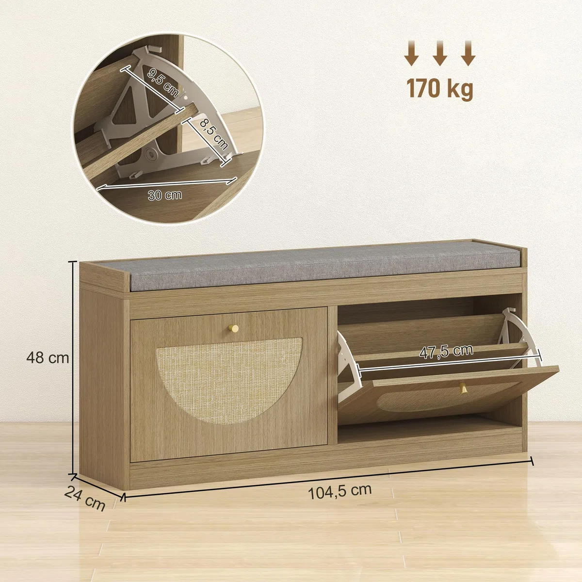 HOMCOM Banco Zapatero Bohemio con Asiento Acolchado 105x35x47 cm Natural | Banco Recibidor, Puertas Frentes de Ratán, Estante Ajustable, para 8 Pares de Zapatos, para Entrada