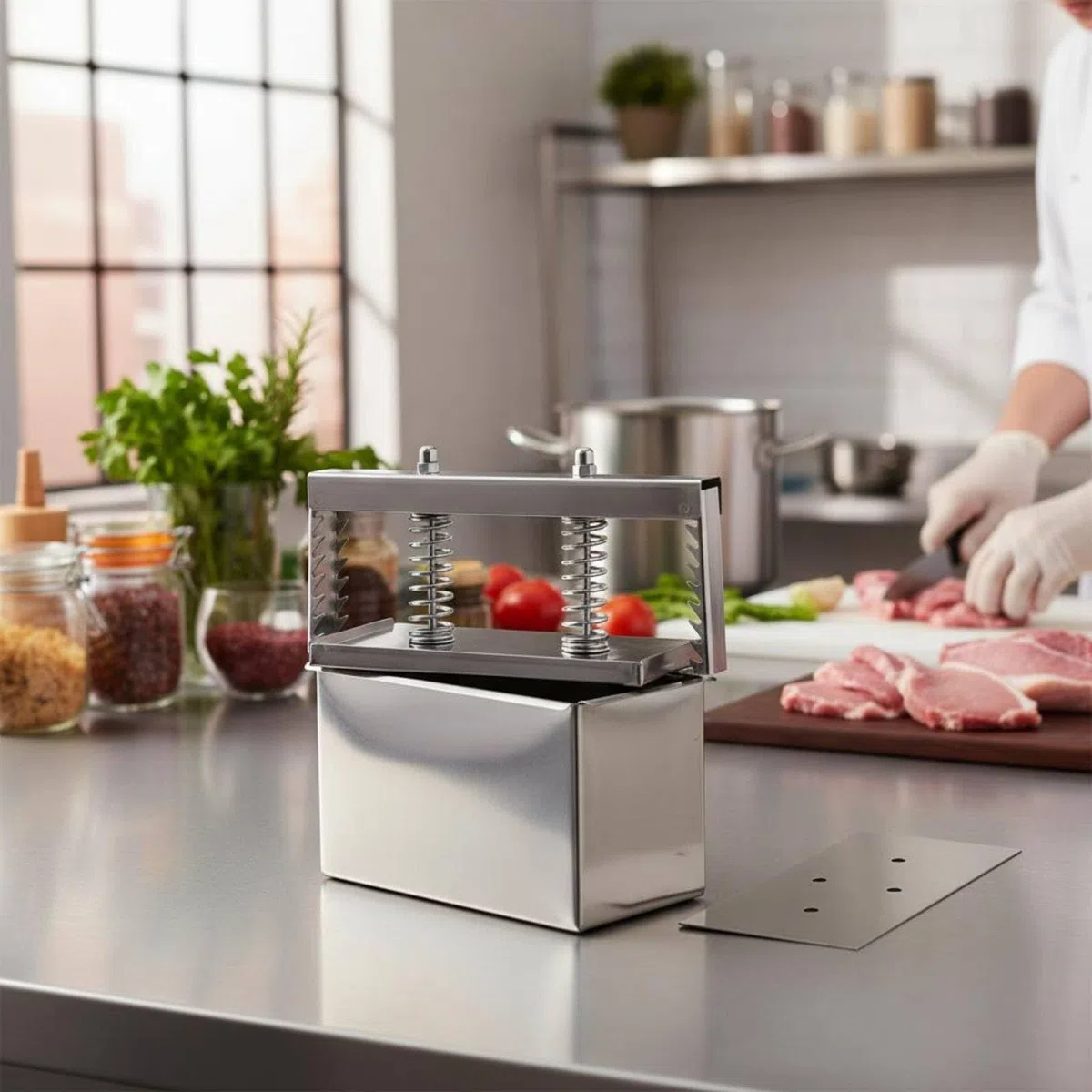 Prensadora para Carne de Acero Inoxidable Molde de Acero Inoxidable para Carne Antiadherente para Cocineros Caseros, 1KG, Apertura Lateral