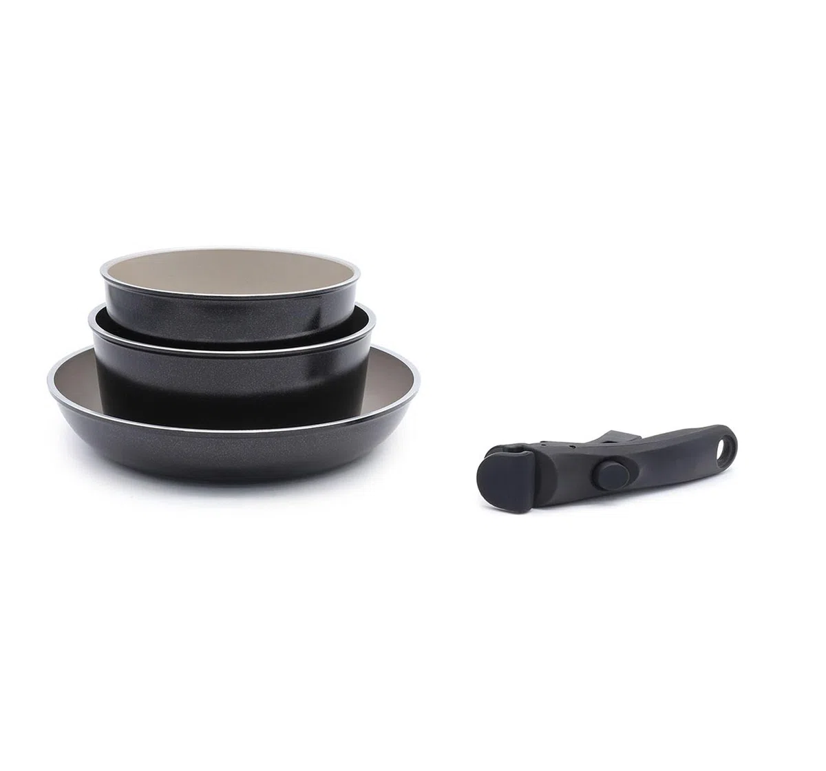 LAGUIOLE, Juego de cocina extraíble, 2 ollas y 1 sartén antiadherente, compatible con todas las fuentes de calor, Aluminio, Revestimiento antiadherente, fácil de limpiar, 16/18/24 cm, Negro/Champán
