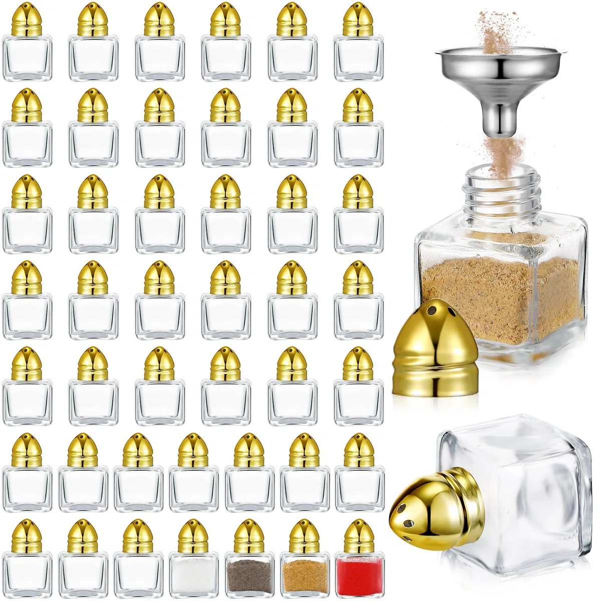 Maxcheck Juego de 50 mini saleros y pimenteros de 0.5 onzas y 2 embudos, cuerpo de vidrio, forma de cubo, tapas de tono para bodas y fiestas (dorado)
