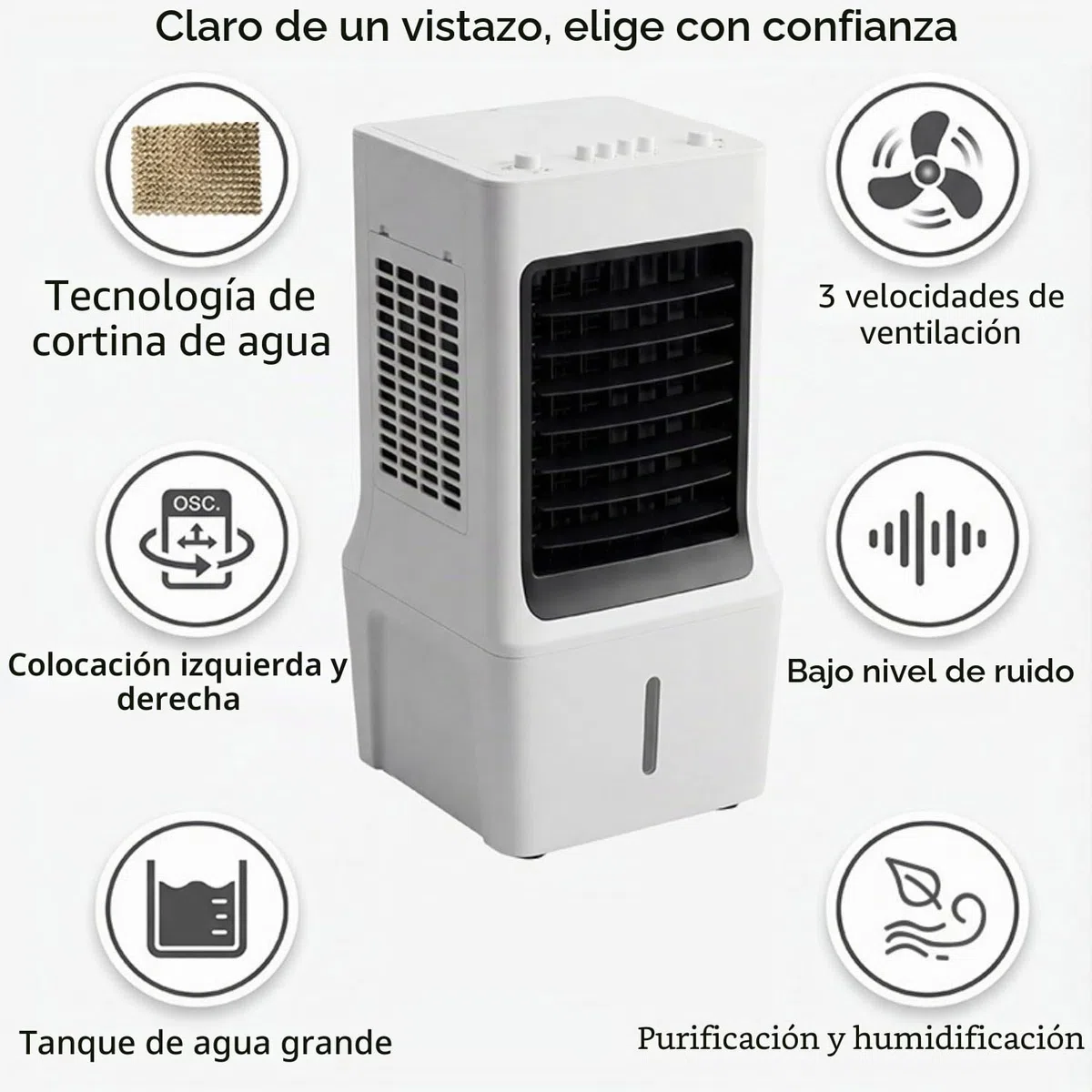 Aire Acondicionado Portátil 12L Enfriador de Aire sin Tubo 3 Modos 3 Velocidades Oscillazione 60º 4 ruote multidirezionali‌ Climatizador Evaporativo Silencioso Ventilador para Hogar Oficina