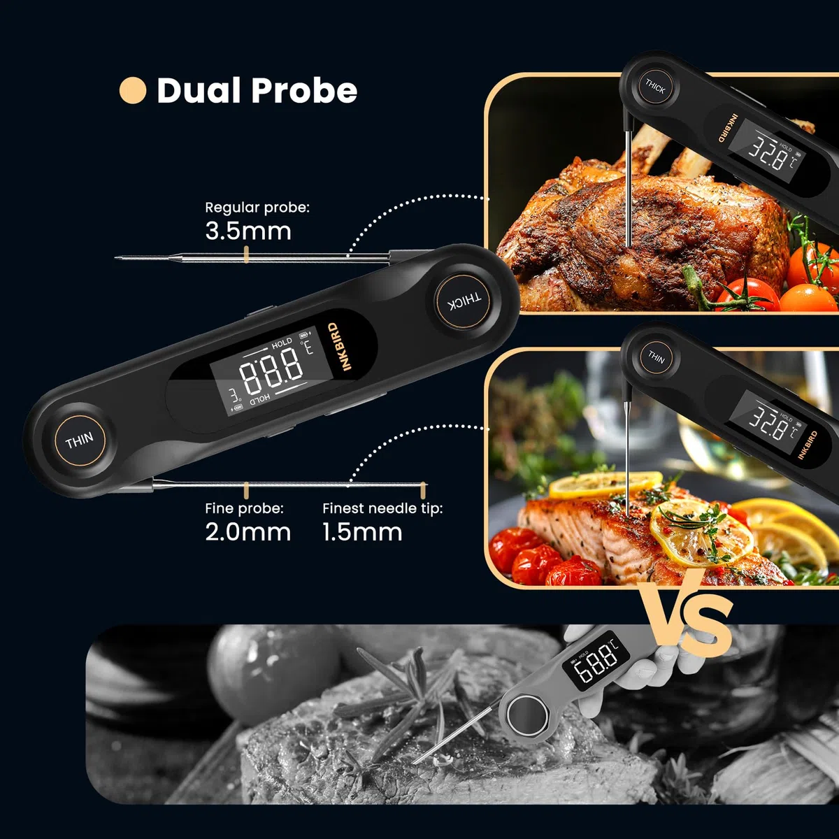 INKBIRD IHT-42K Termómetro digital para carne, termómetro de dos sondas, termómetro para barbacoa, sensor K, 0,5 segundos de visualización instantánea, activación por giro, termómetro de horno para