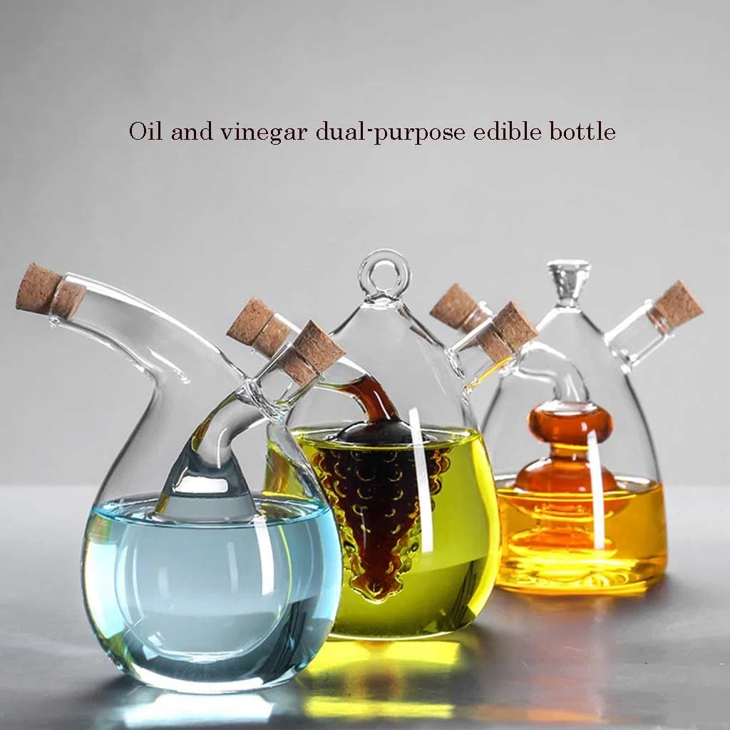 Dispensador de aceite y vinagre de cristal, Botella dispensadora de aceite y vinagre 2 en 1 de vidrio con tapones de corcho en varios tamaños(A Model,400ML)