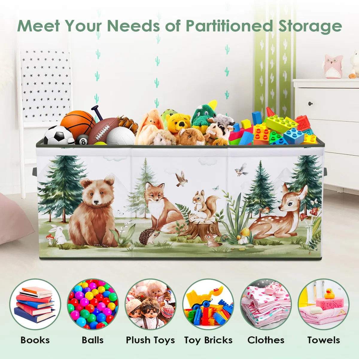 Caja de Juguete Extra Grande con Tapa Abatible, Caja Almacenaje Oxford Plegable con Asa para Niños Niñas, Baúl Juguetes y Almacenamiento Impermeable Resistente, 96×32×40 (Animales de invierno)