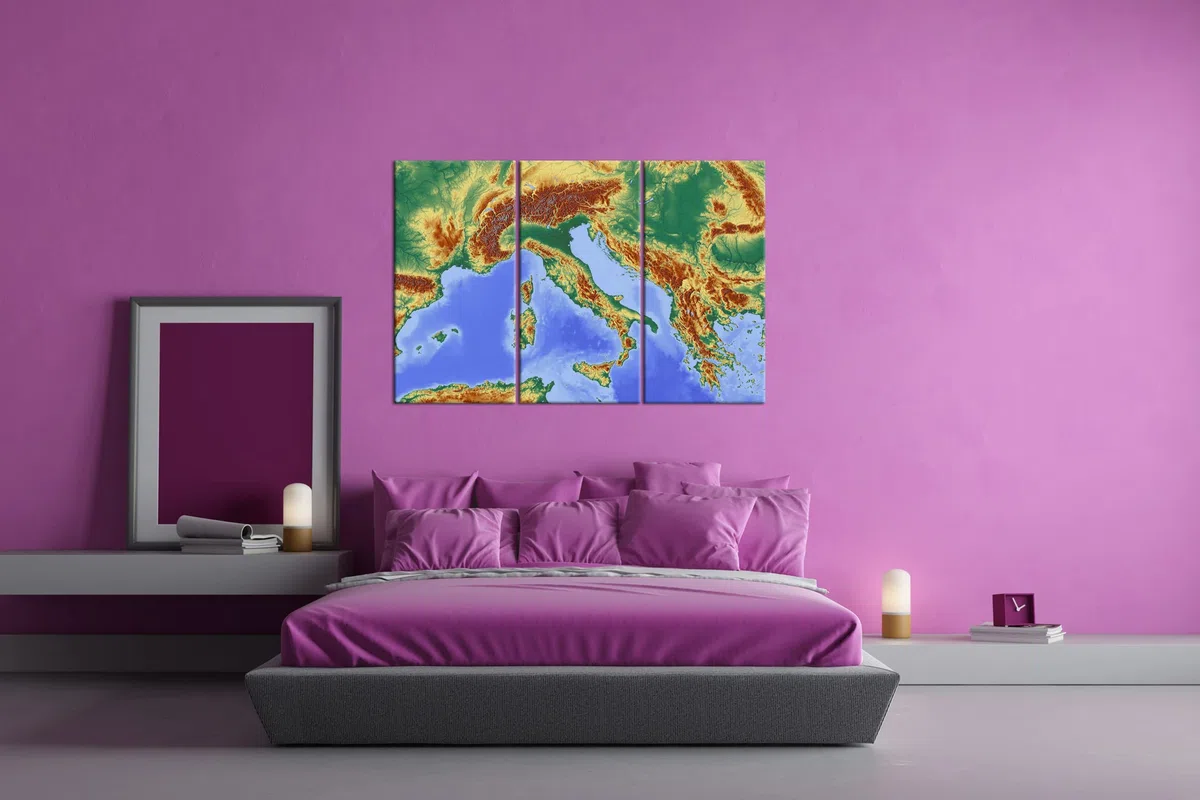 Mapa de los Alpes (Lienzo, Marco de Madera auténtica, impresión Digital Marco, sin póster ni Cartel), Dreiteilig (120x80)