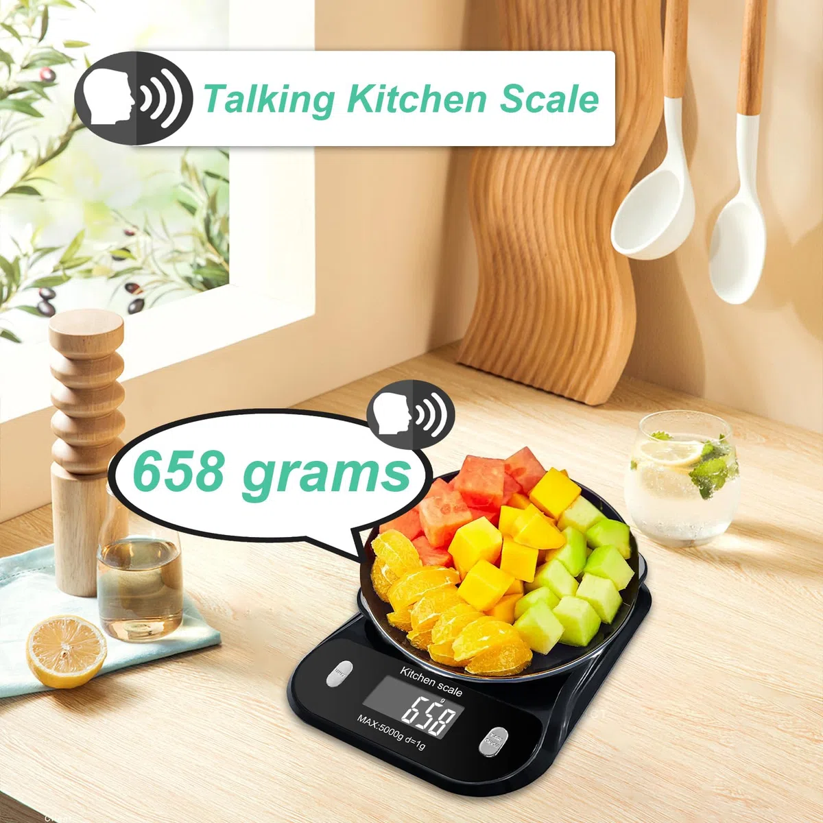 Báscula de cocina digital parlante, báscula electrónica de cocina, báscula de alimentos parlante con pantalla LCD grande, báscula de pesaje de alimentos con plataforma de disco de acero inoxidable,