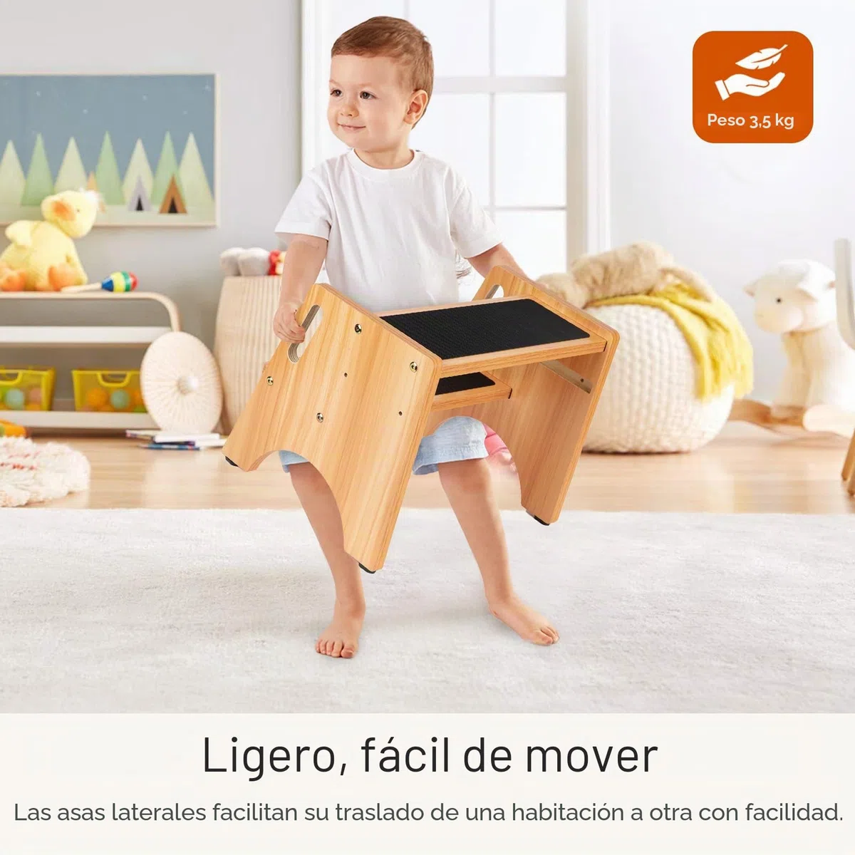 StrongTek Taburete 2 Escalones Ajustables de Madera | Escalera resistente de madera con 2 peldaños regulables en altura y bordes antideslizantes para uso familiar