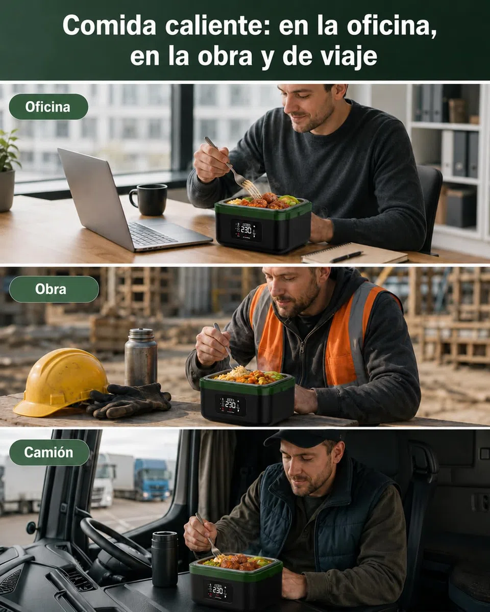LANMOU Fiambrera Eléctrica Sin Cables 1L, Batería 16000mAh, Acero Inox 304 | Tupper Eléctrico Recargable Usb-C, 6 Temperaturas, Temporizador, Para Coche Camión Oficina Y Trabajo, 60w