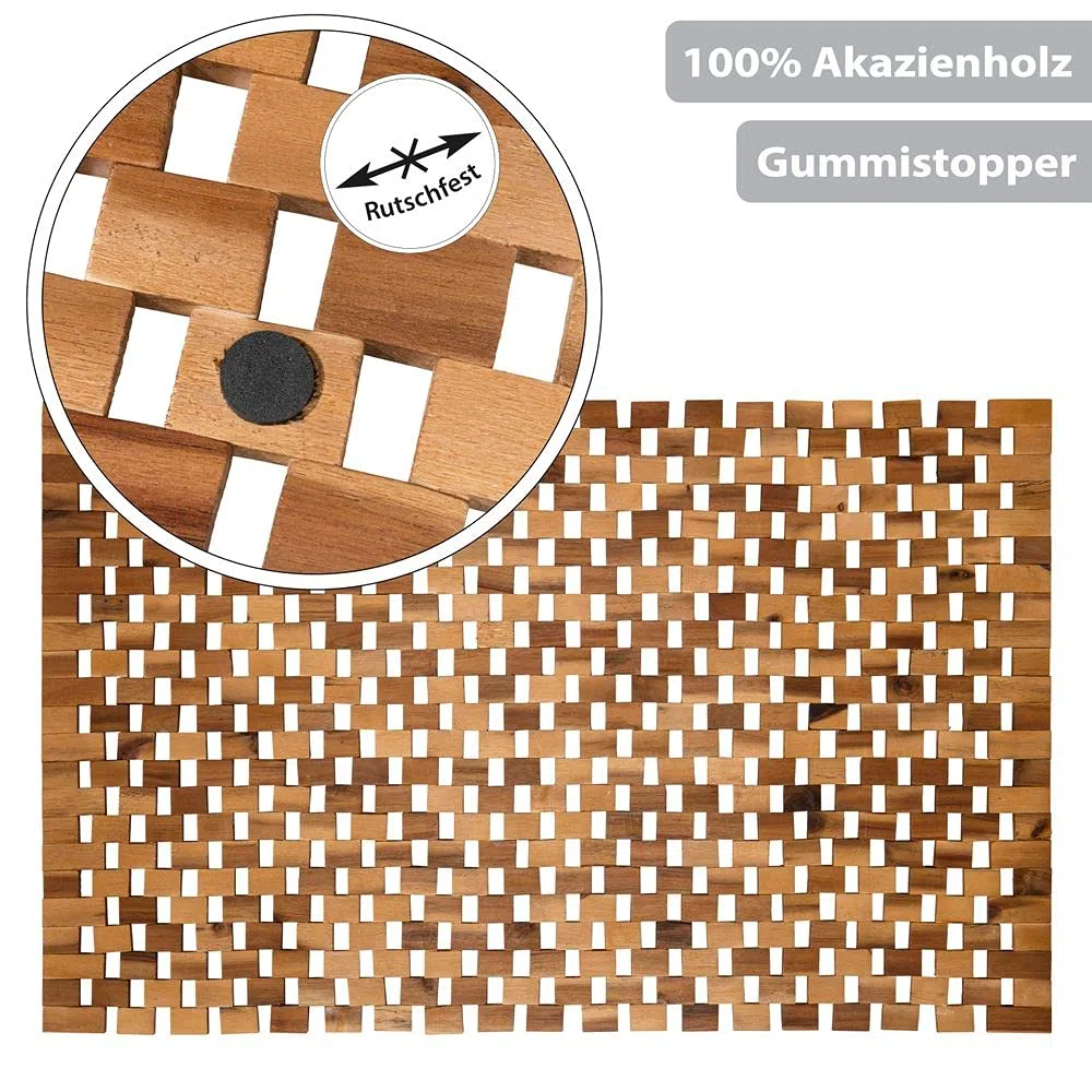 PANA® Eco - Alfombrilla de baño (madera, 60 x 100 cm, 100% madera de acacia) | Alfombrilla de madera de madera auténtica, producto natural, antideslizante, duradera, robusta, fácil de limpiar e higiénica