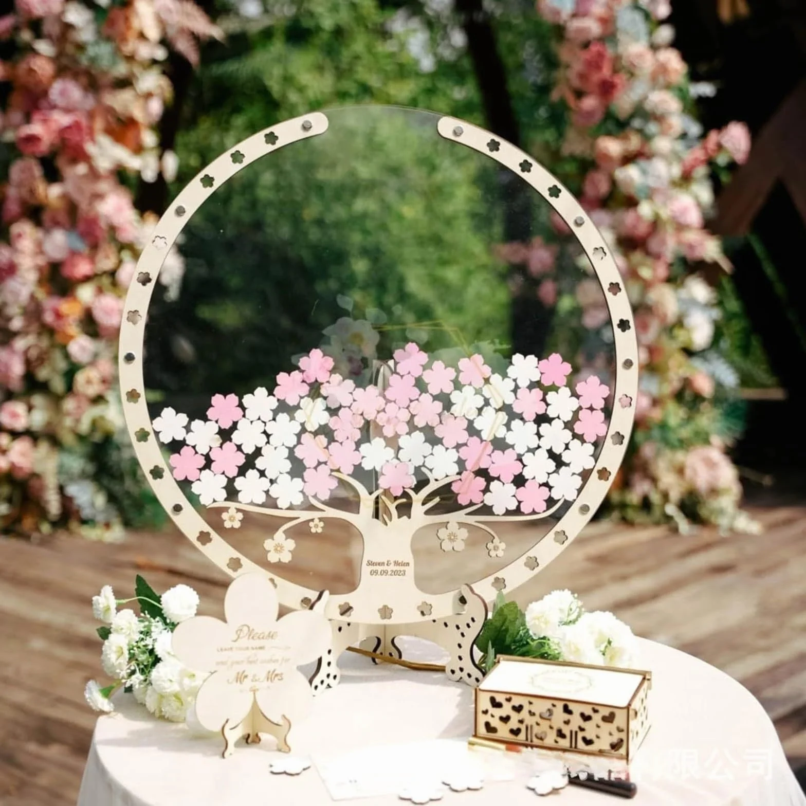 Arbol De Huellas Mesa de Registro Árbol de Flor de Cerezo Boda Libro de firmas Creativo Caja de Mensajes Marco de Huellas Dactilares(with Wooden Box)