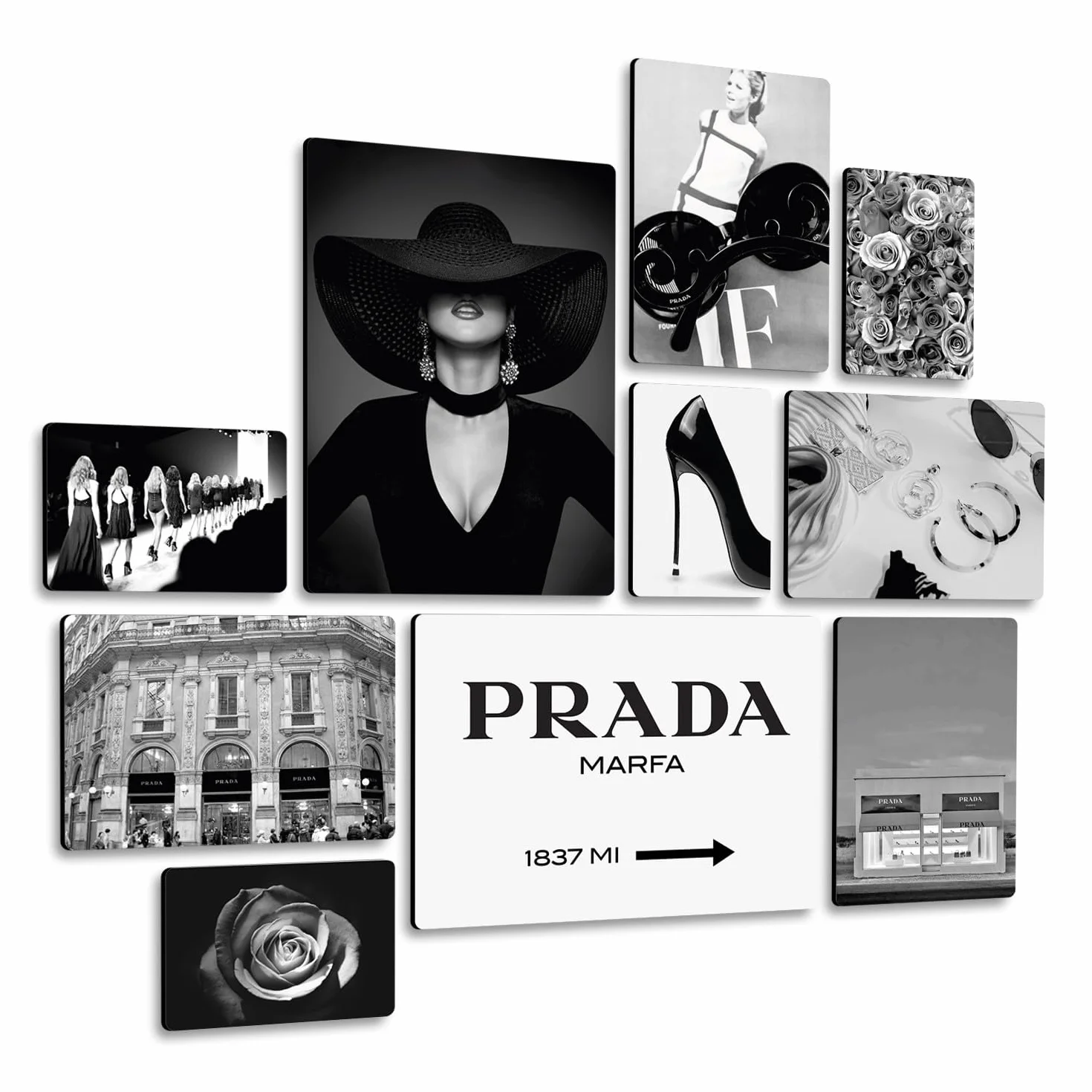 Giallobus - Conjunto de 10 pinturas de paneles múltiples - 5 - Fashion Prada Marfa - Madera de MDF - | 2 x 42x29,7cm | 4 x 29,7x21cm | 4 x 21x14,85cm | - Listo para colgar - Cuadros