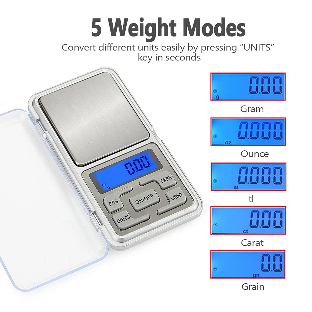 Báscula digital de bolsillo de 2 unidades, capacidad de 500 g, equilibrio de alta precisión, mini gramos electrónicos de recarga de peso, escala de alimentos, báscula de joyería, báscula de cocina