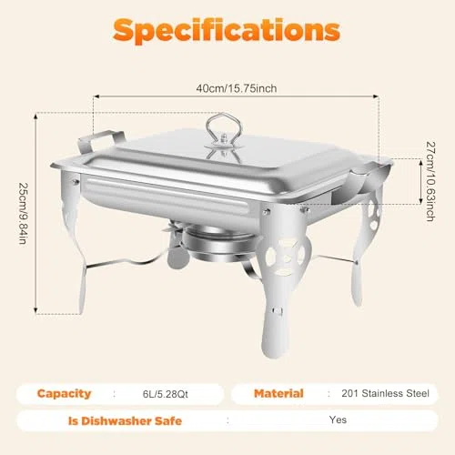 Plato de roce, calentador de alimentos de acero inoxidable con tapas y soportes de combustible, utensilios de servir buffet de 6 L para catering, fiestas, bodas