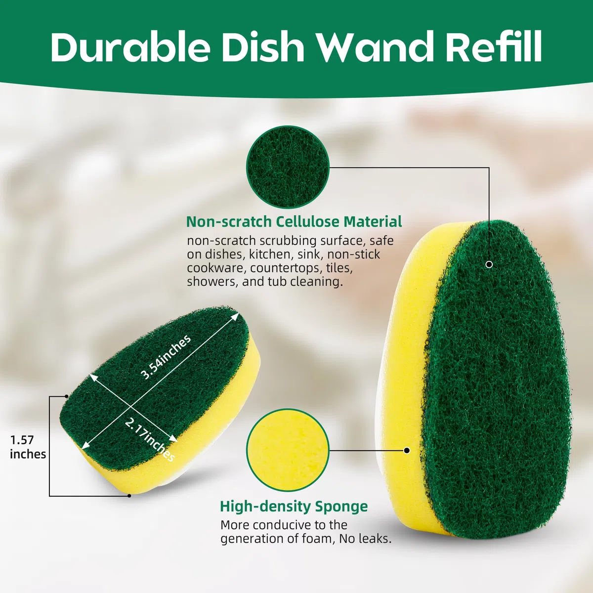 Recambios de esponja de varita para platos, cabezales de repuesto antiarañazos, almohadillas resistentes para mango dispensador de jabón, suministros de limpieza de lavavajillas para fregadero de