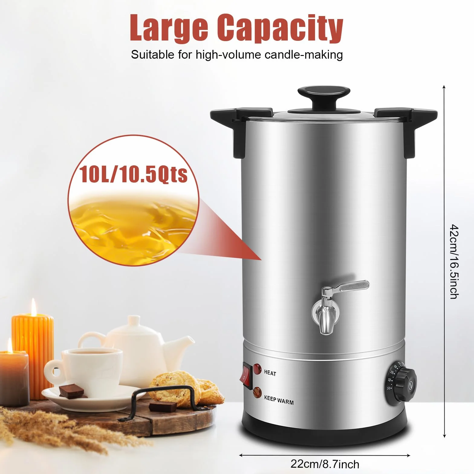 PUDLOR Olla de fusión de cera de 1800 W, 10 l, máquina de fusión de cera comercial grande 86 ℉-230 ℉ Temperatura Calefacción por suelo completo Termostato Interruptor de un botón para derretir