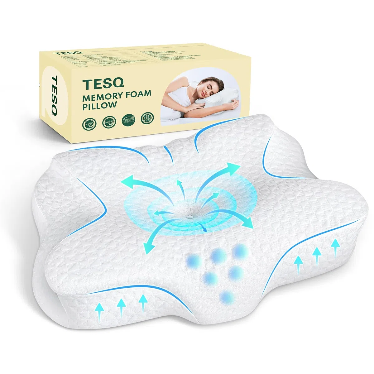 TESQ Almohada Cervical Ergonómica 2 en 1, Almohada de Espuma de Memoria con Altura Ajustable, Ideal para Dormir de Lado y Espalda, Funda Mezcla Nailon Poliéster Lavable, Tamaño 60 x 40 x 9 cm