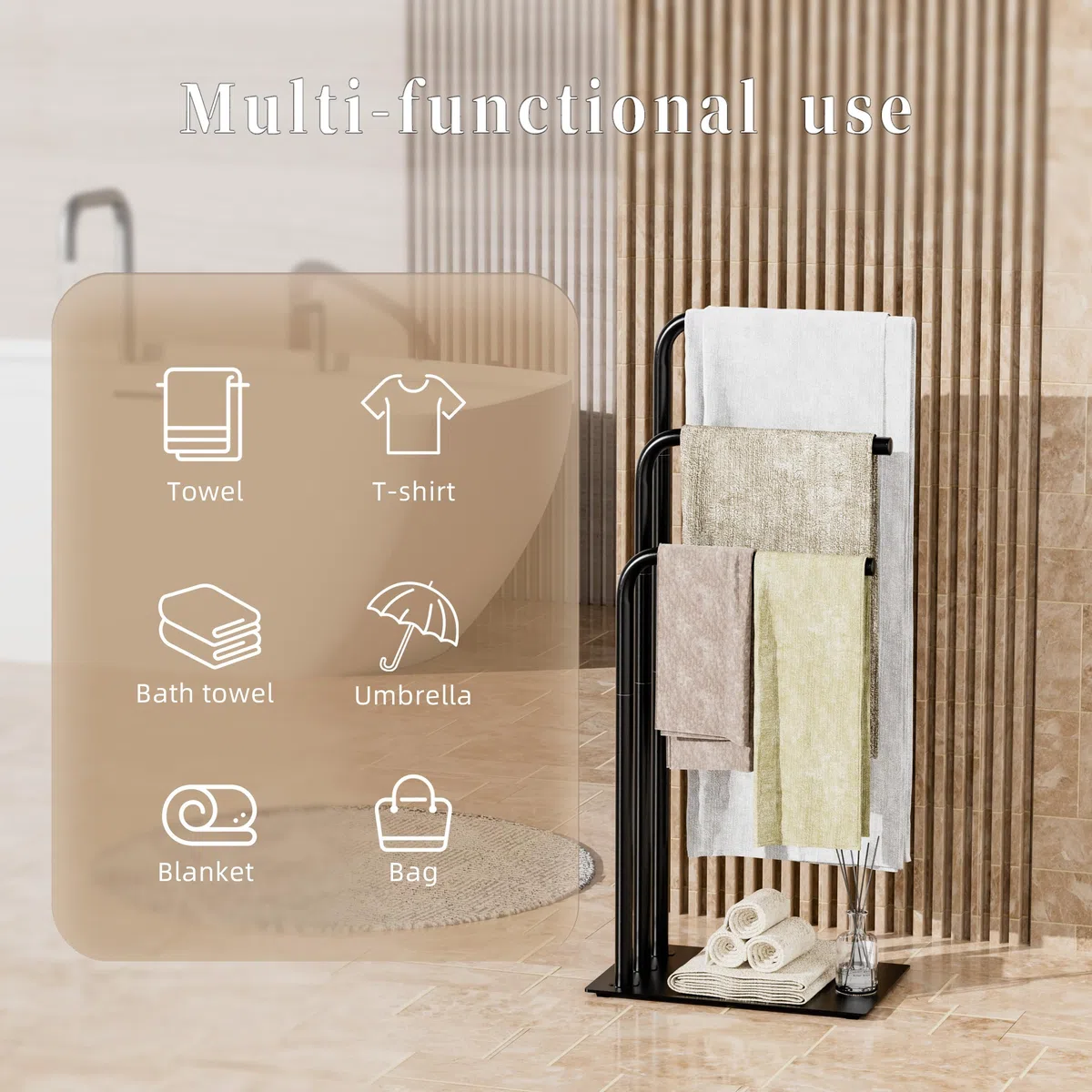 OUTBROS Toallero, Toallero de pie, Soporte de Metal de 3 Niveles para Baño, Secado y Exhibición con Estante, Soporte para paños para Sala de Estar, 39x26x90cm, Negro | Toallero de metal de acero inoxidable para baño con placa base de metal, soporte de sec