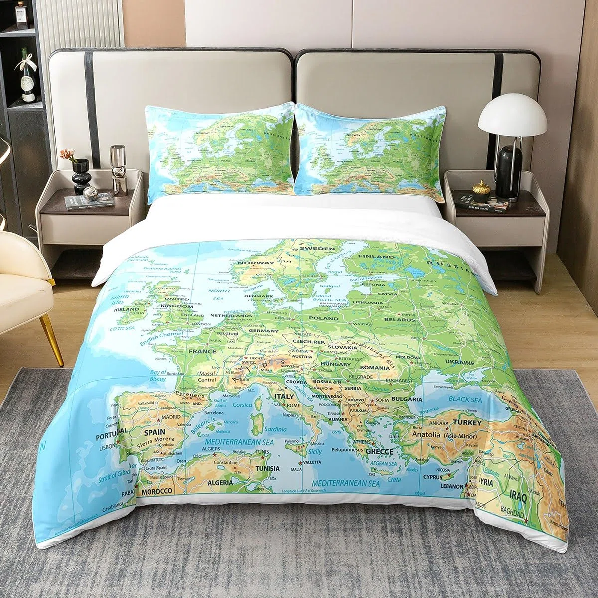 100% algodón natural mapa del mundo cubierta edredón 155 x 220, juego de cama azul océano para niños,mapa de diferentes países funda nórdica arte abstracto edredón cubierta transpirable decoración de