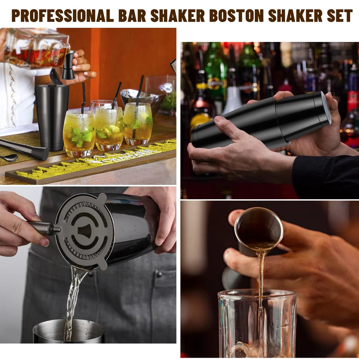 Boston Shaker - Juego de coctelera para camarero, 12 piezas, coctelera con colador, coctelera de Martini con coctelera de alcohol mixta de 18 onzas y 28 onzas, herramienta profesional de barra de