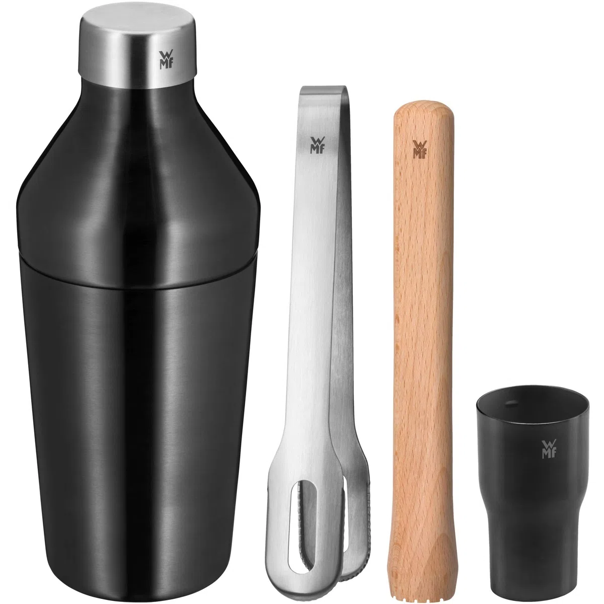 WMF Baric Cocktail Set 4 piezas, juego de barman con coctelera de acero inoxidable, vaso medidor, pinzas de hielo, mortero de madera, se puede guardar en caja de regalo