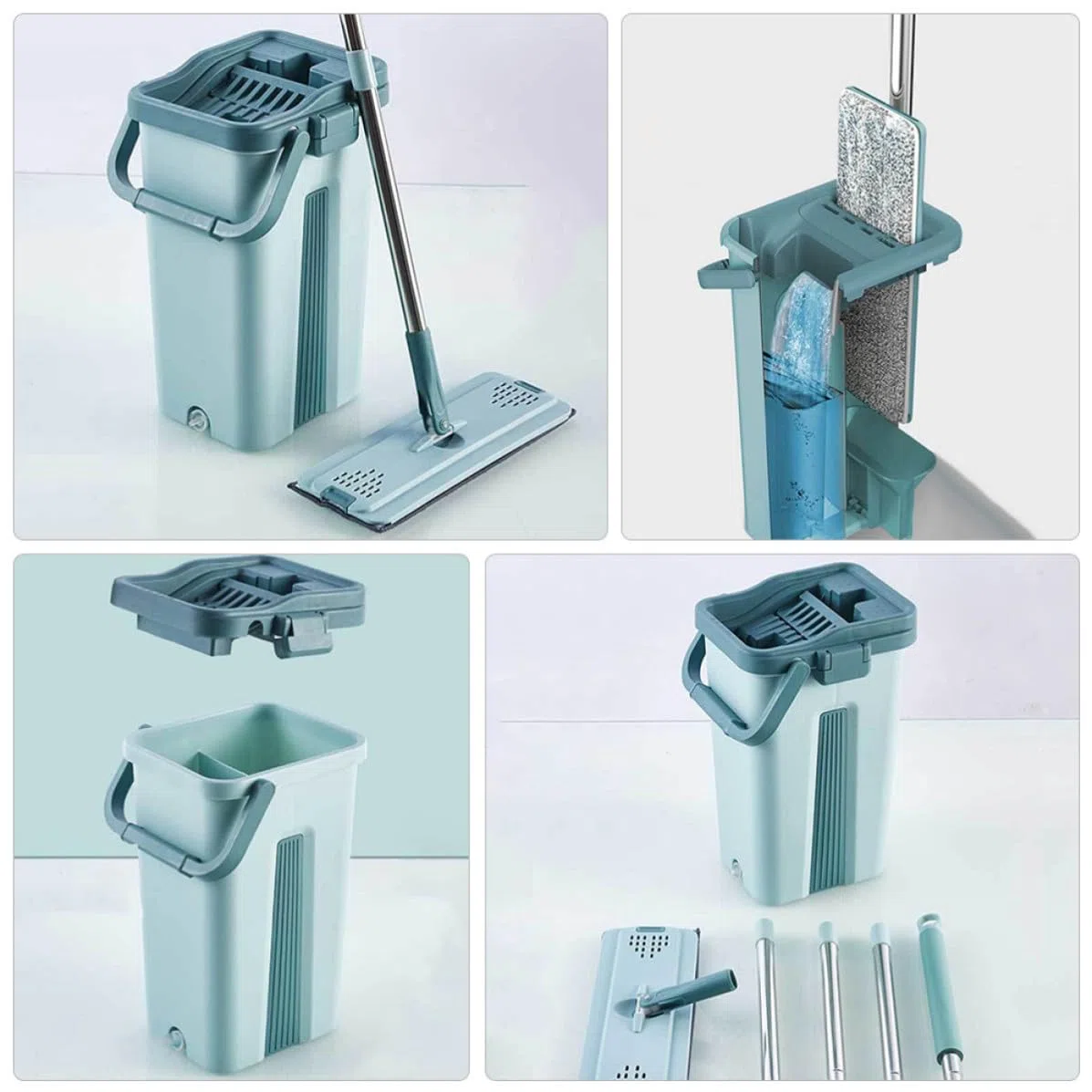 Lurrose 1juego Mopa sin Lavado con Cubo Escurridor de Limpieza Doméstica Microfibra Absorbente Extracción Manual para Suelos Secos y Húmedos Diseño Práctico y Ergonómico
