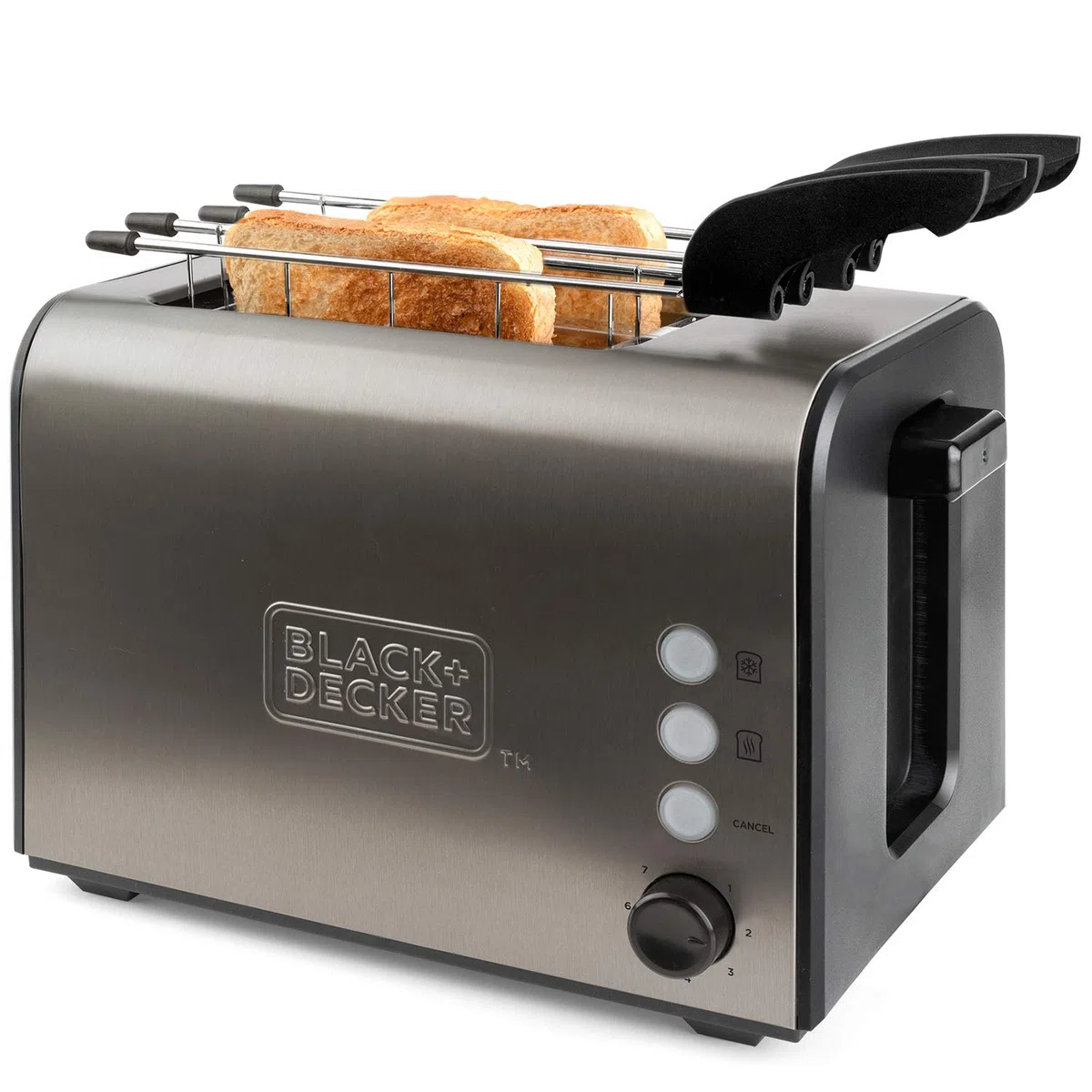 Tostadora Black+Decker con 2 ranuras extra anchas y con accesorio para sandwitch. 900W. Inox