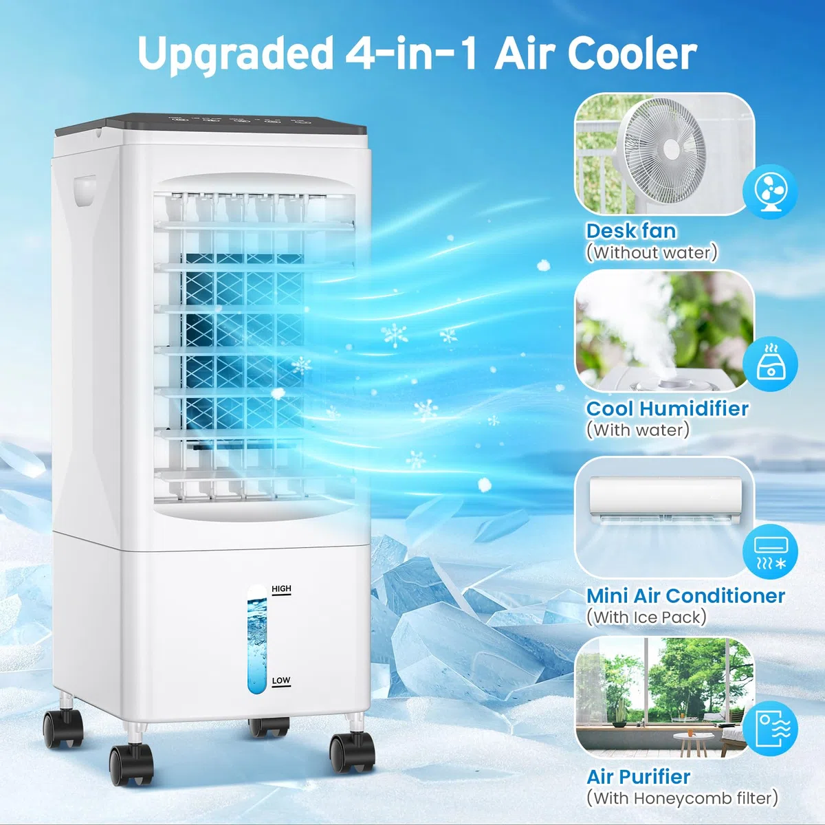 Enfriador de Aire 4 en 1 Grande, Aire Acondicionado Móvil portátil, Climatizador Evaporativo Silencioso con 5.5 L Tanque,Temporizador 1-7 H, 2 Modos 3 Velocidades, Ruedas, Control Remoto, Oscilación