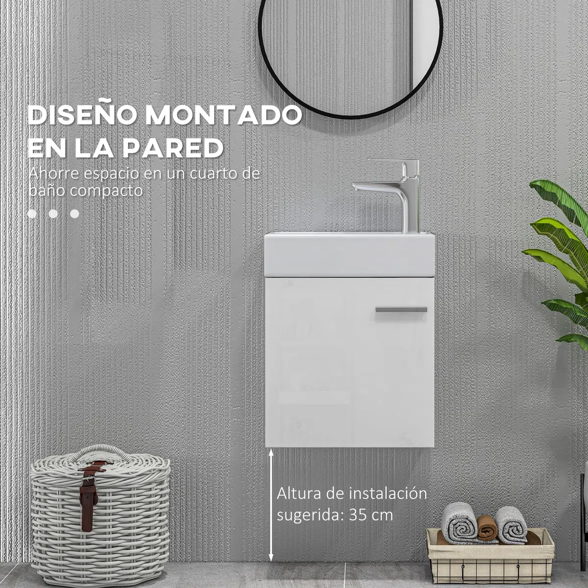 HOMCOM Mueble de Baño Estrecho con Lavabo de Pared 40x23x50cm Blanco Brillo | Mueble para Lavabo, con Puerta, Cierre Suave, Estilo Moderno