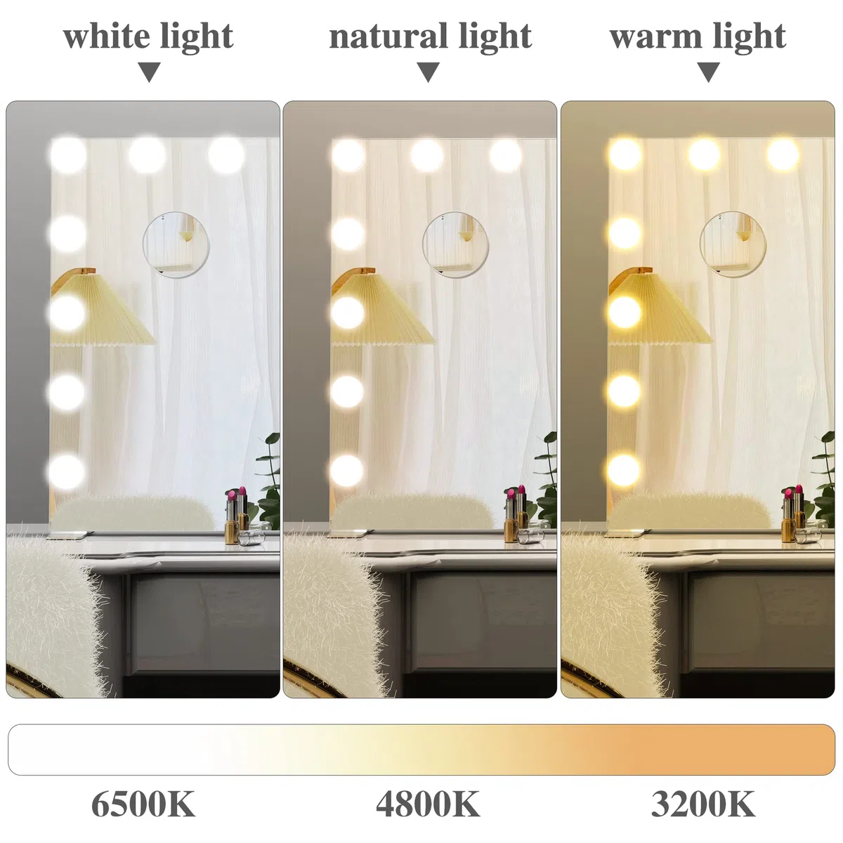 Espejo de tocador Grande con Luces, 91 x 61 cm, Espejo Iluminado Hollywood con Luce para Maquillaje, Luces Regulables con 3 ajustes de luz de Color, Plateado
