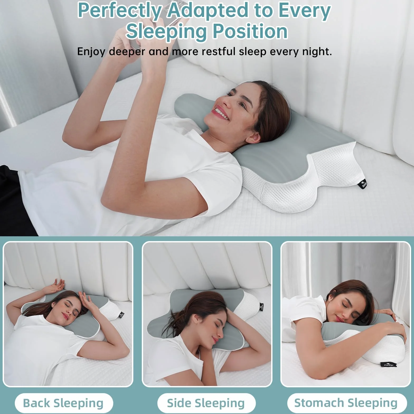 Almohada Ergonómica de Espuma Viscoelástica 2 en 1 – Reduce el Dolor de Cuello y Hombros, Adecuada para Dormir de Lado, Boca Arriba y Boca Abajo, Altura Regulable 11 cm/13 cm (Gris)