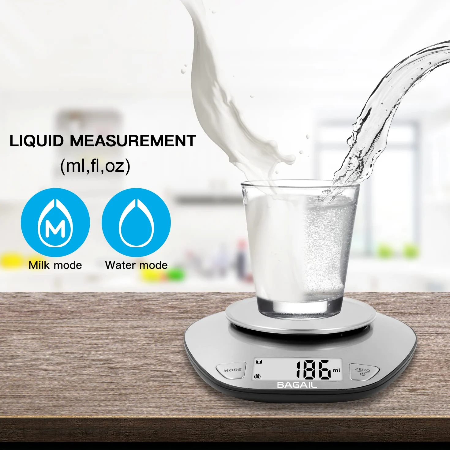 BAGAIL BASICS Báscula electrónica de cocina de alta calidad, báscula de respaldo de pantalla grande, báscula de pesaje de alimentos húmedos y secos con cuenco de mezcla de acero inoxidable, 5 kg