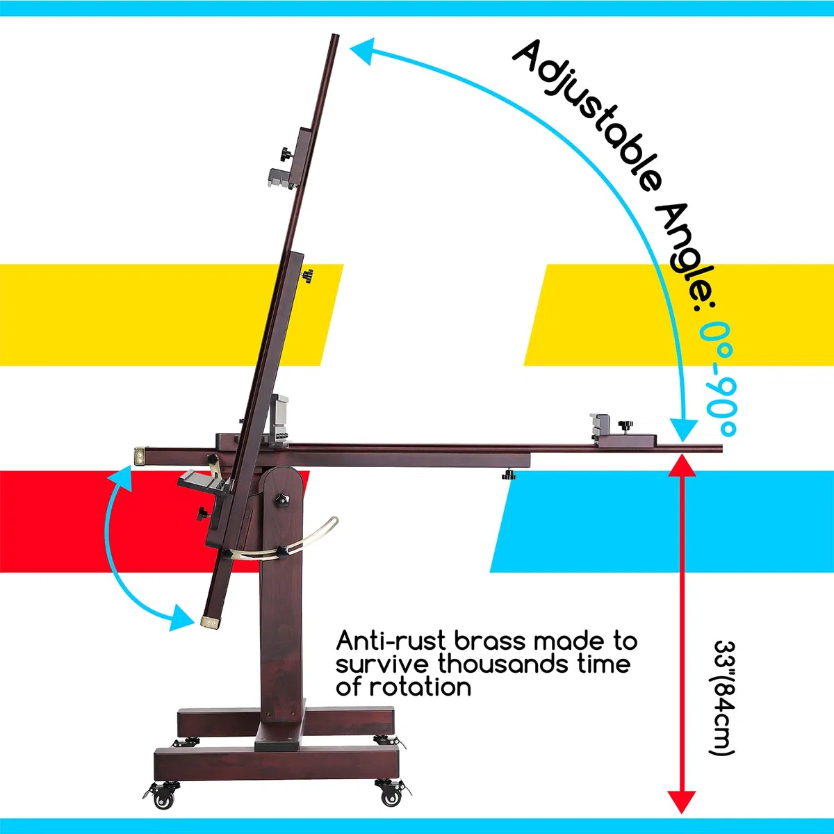 MEEDEN Caballete de pintura resistente: caballete grande profesional de madera de haya maciza que sostiene lienzos de hasta 180 cm de alto, se inclina fácilmente en plano, caballete de suelo de madera