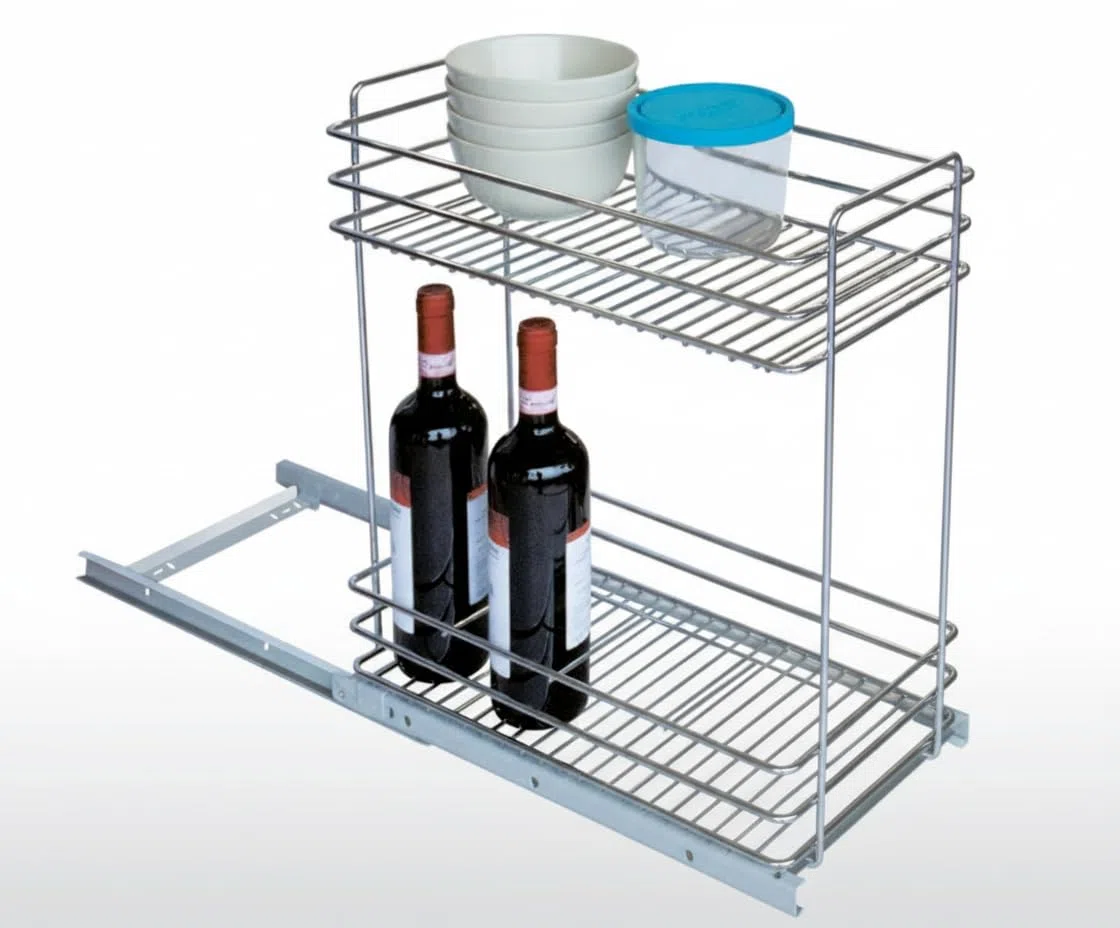 Cesta extraíble para debajo del fregadero de cocina, 23,5 x 45 x 48,5 cm, cajón telescópico deslizante con guías laterales, organizador plano de alambre de acero, cesta de almacenamiento botellero