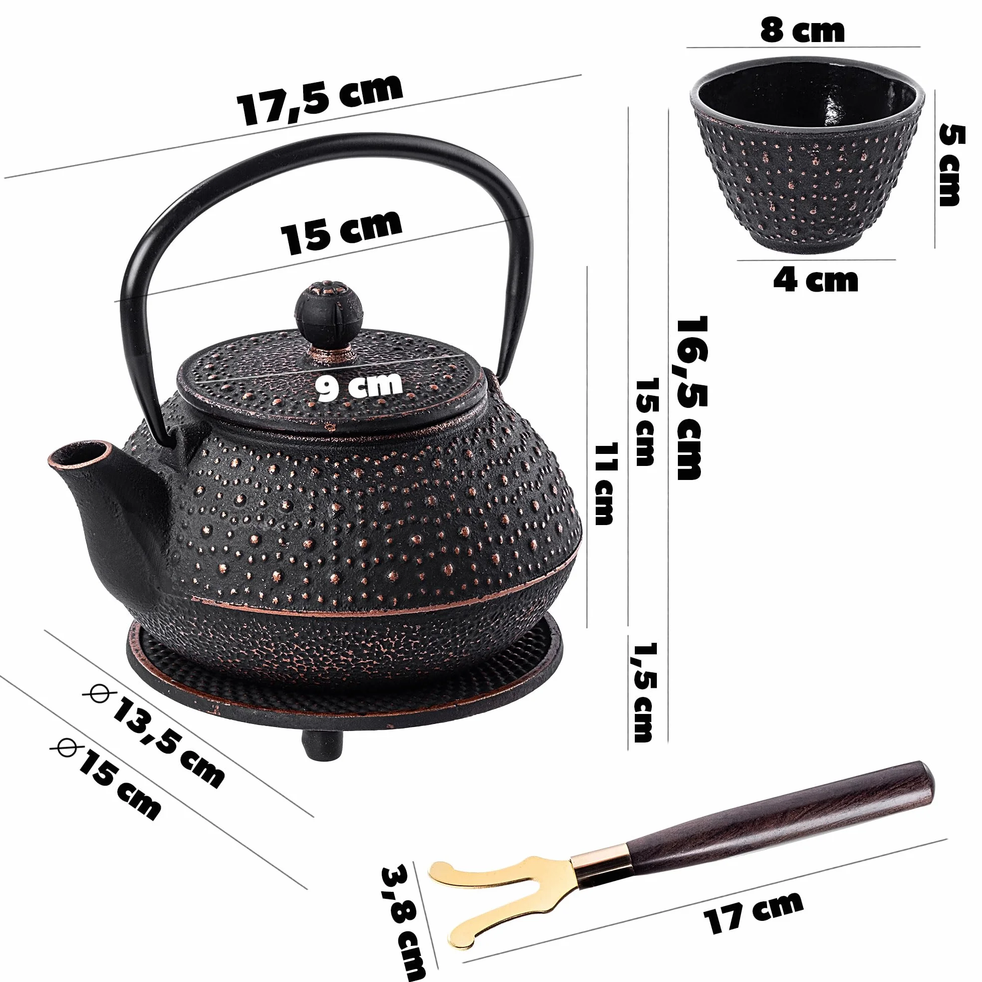 KADAX Tetera japonesa de 0,8 l con 4 tazas de té para té suelto, juego de té japonés de hierro fundido, tetera de hierro fundido con colador, tapa, asa y posavasos (negro)