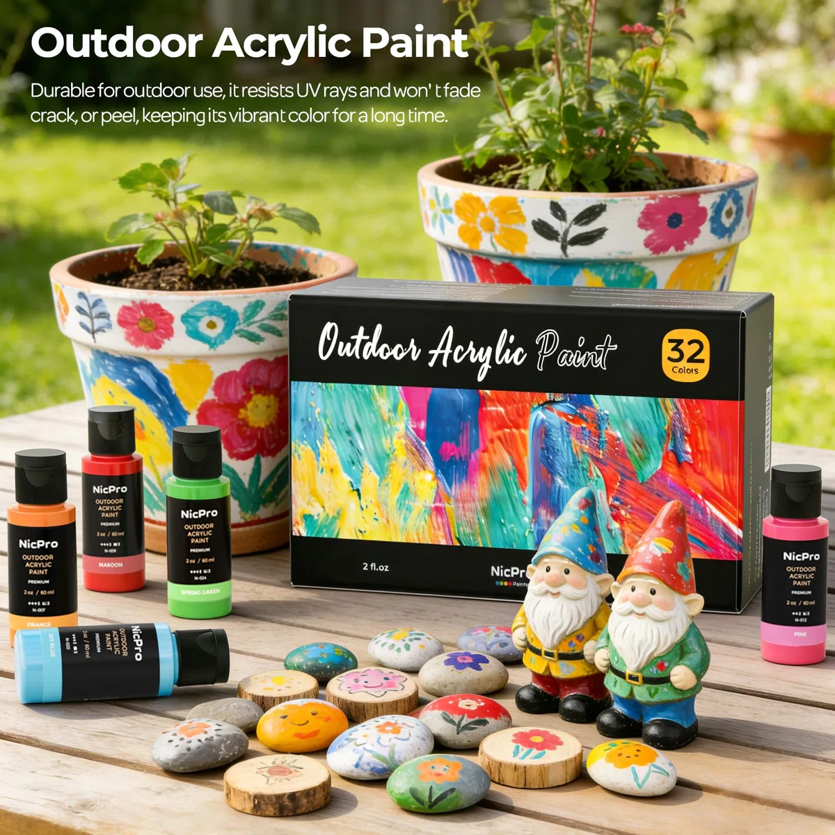 Nicpro Pintura acrílica, juego de 32 colores (2 onzas) Pintura artesanal con 3 pinceles, esponja y cuchillo de paleta, pigmentos ricos pintura de patio para rocas multisuperficie, madera, tela, cuero,