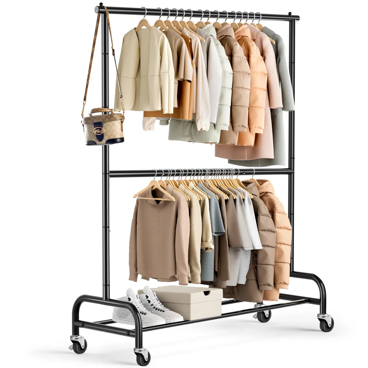 MISSLO Perchero resistente para colgar ropa con doble varilla, estante enrollable para guardarropa con ruedas, metálico, ajustable, color negro