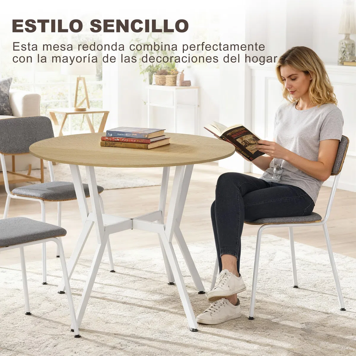 HOMCOM Mesa de Comedor Redonda para 2-4 Personas, Mesa de Cocina Industrial, Patas Curvadas de Acero, para Salón, 90x90x76 cm, Natural y Blanco